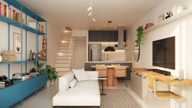 Puro Casas Inteligentes casa decorada sala e cozinha no primeiro pavimento